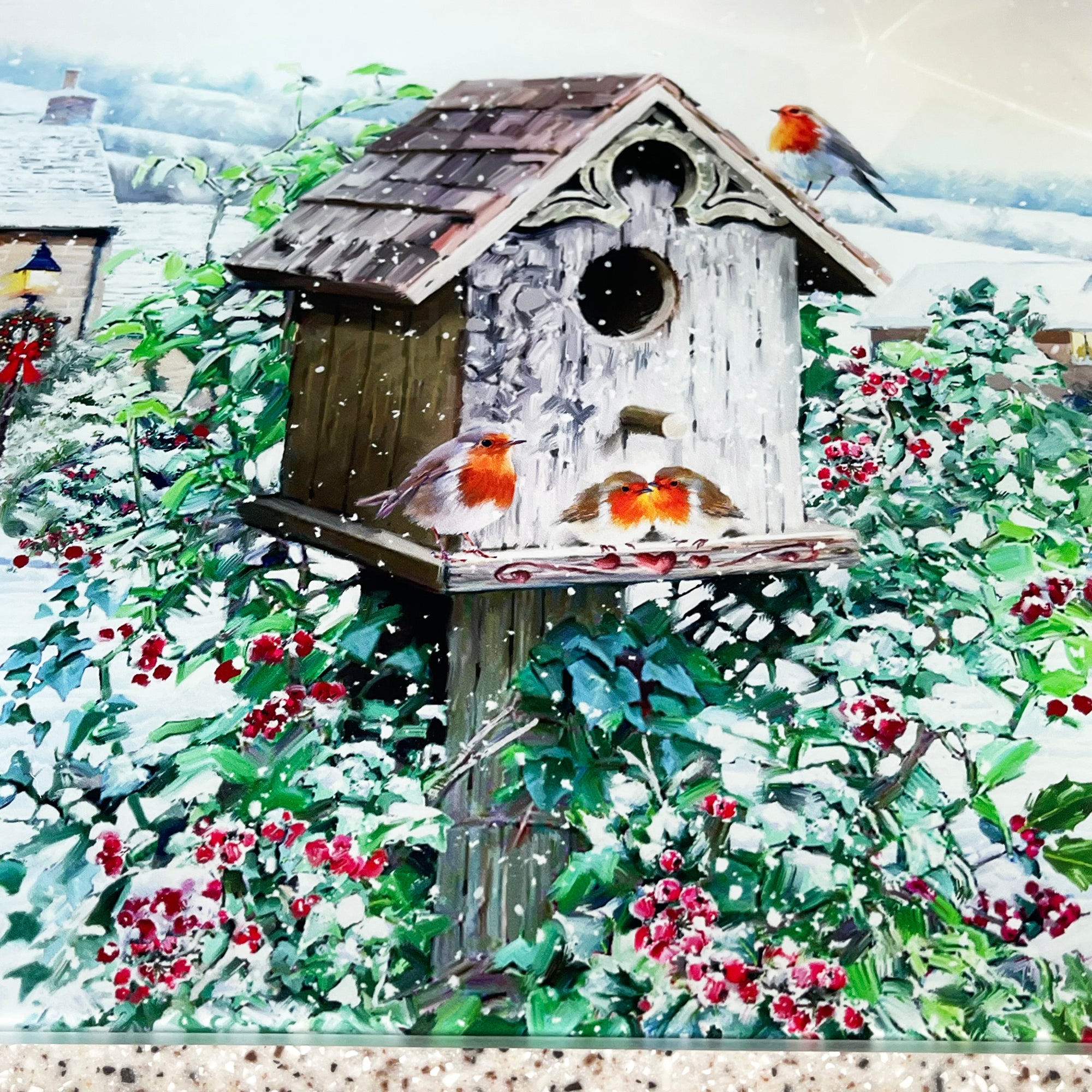 Christmas Robins Glass Chopping Board