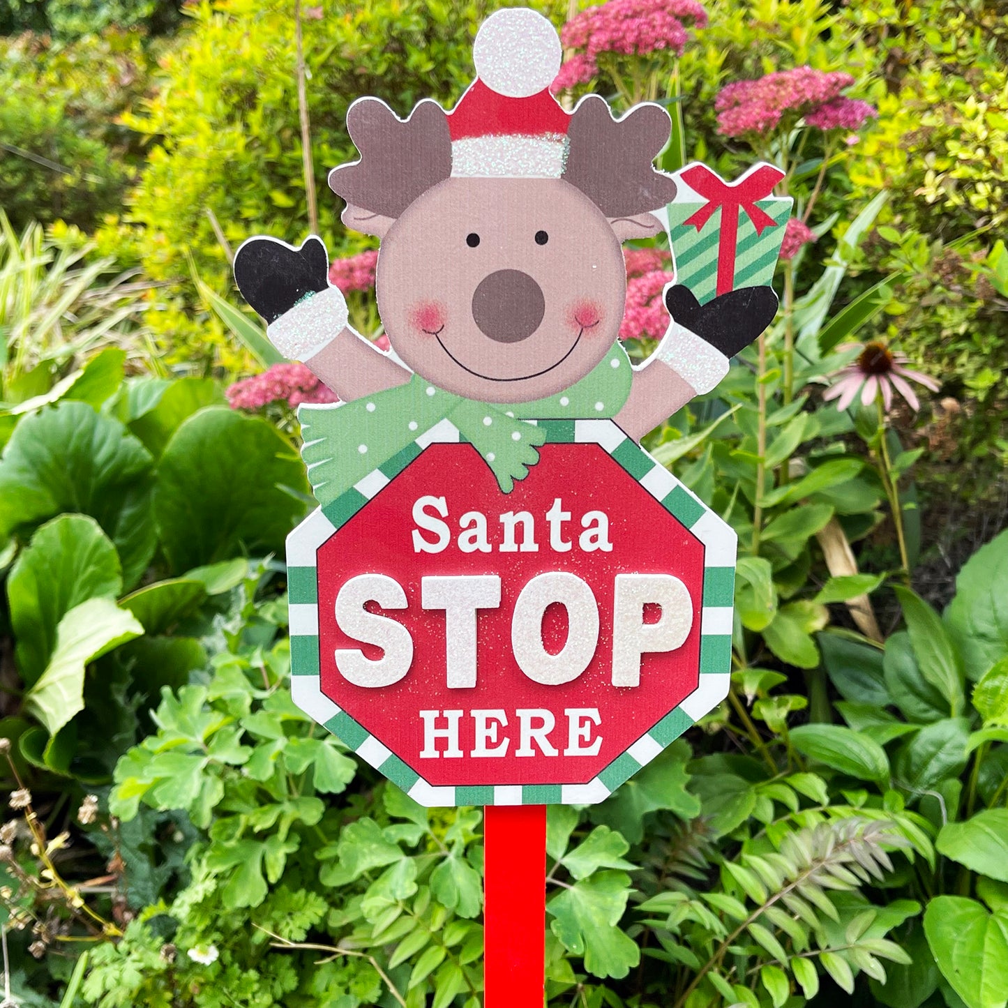 Rentier Santa Stop Here Schild 15x68cm