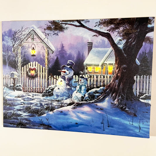 Snowman Snowy House LED Canvas Wall Art