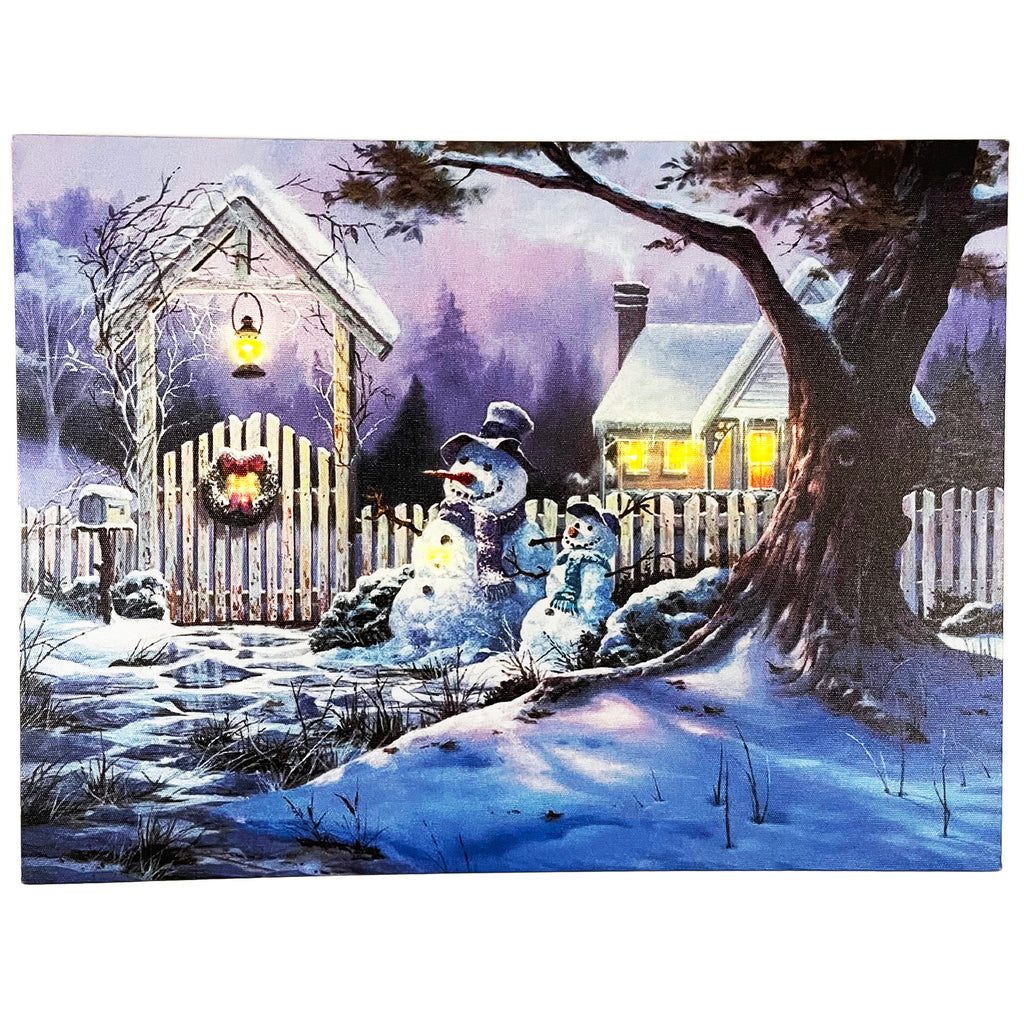 LED-Leinwand-Wandkunst mit Schneemann und verschneitem Haus