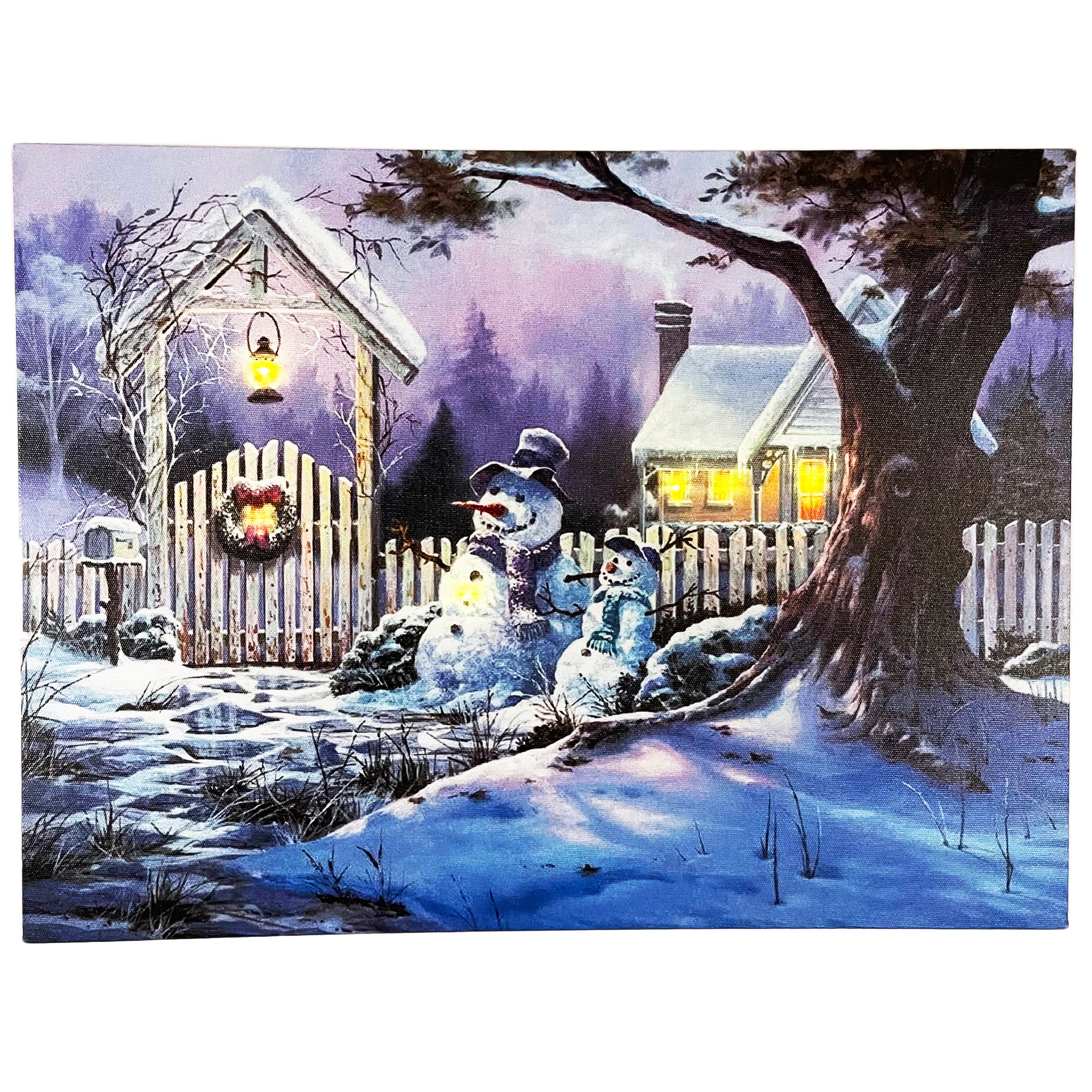 LED-Leinwand-Wandkunst mit Schneemann und verschneitem Haus