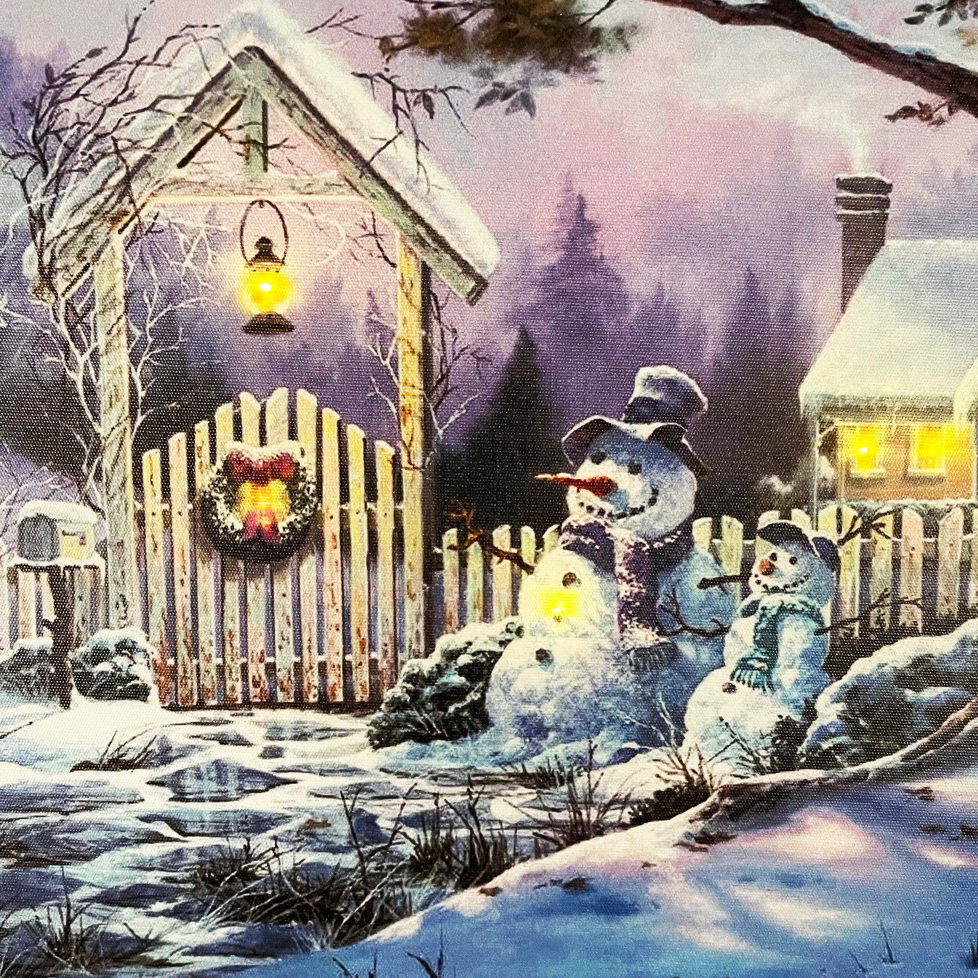 LED-Leinwand-Wandkunst mit Schneemann und verschneitem Haus