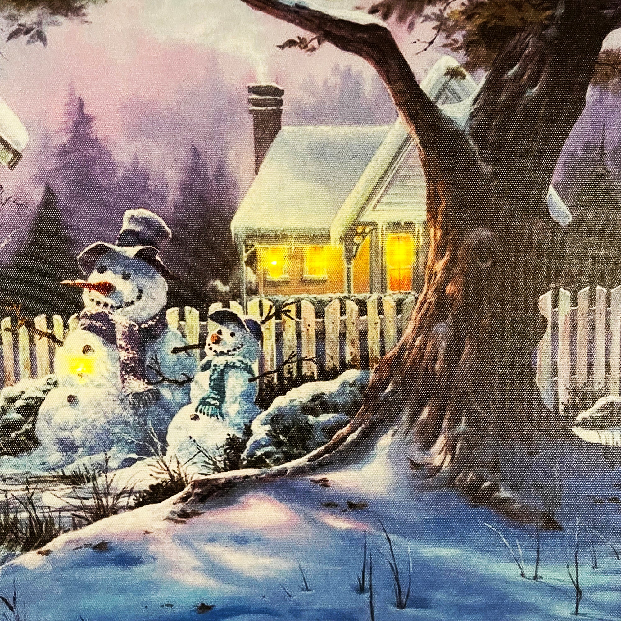 LED-Leinwand-Wandkunst mit Schneemann und verschneitem Haus