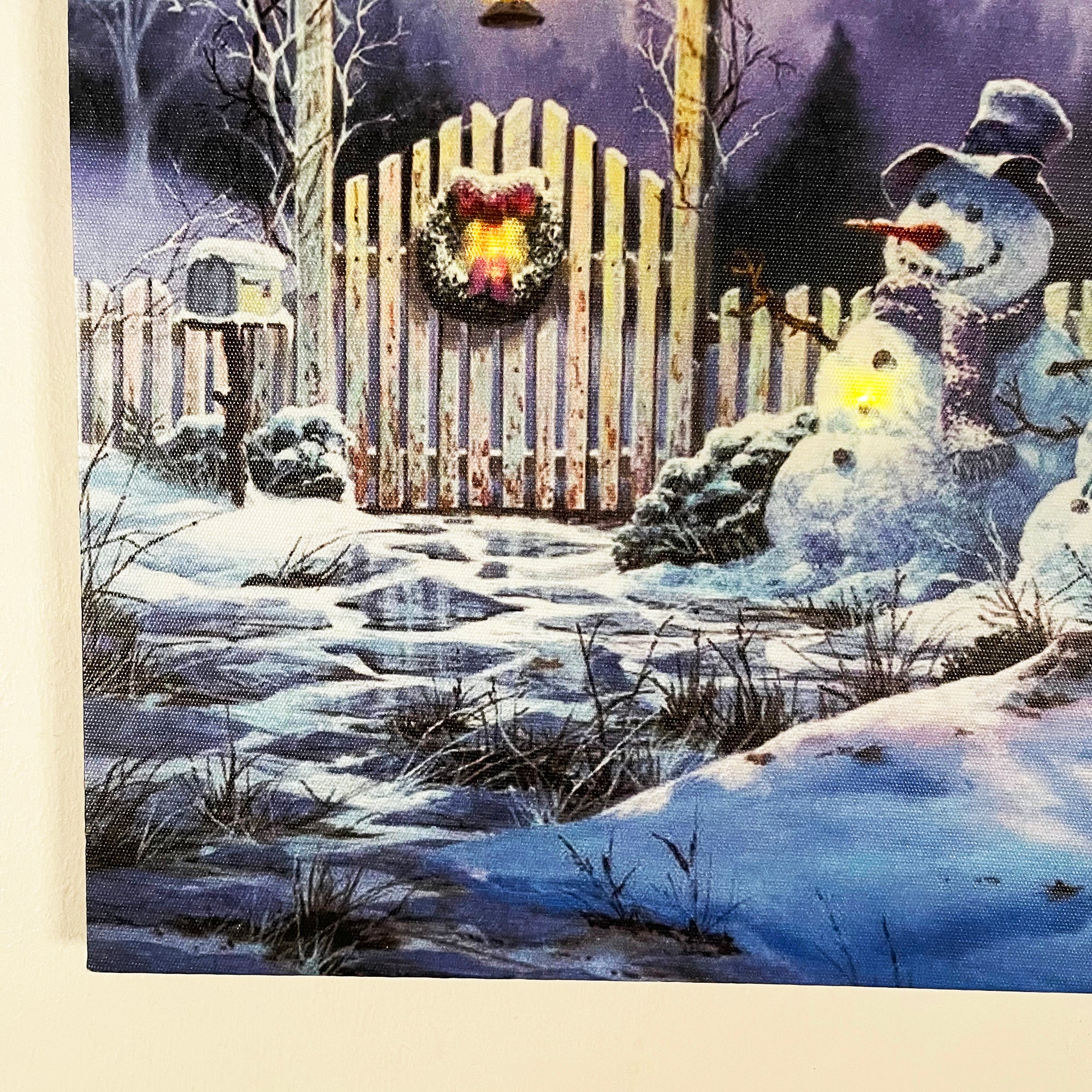 LED-Leinwand-Wandkunst mit Schneemann und verschneitem Haus