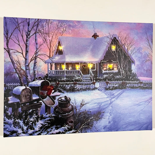 Christmas Snowy Winter Cabin LED Canvas Wall Art