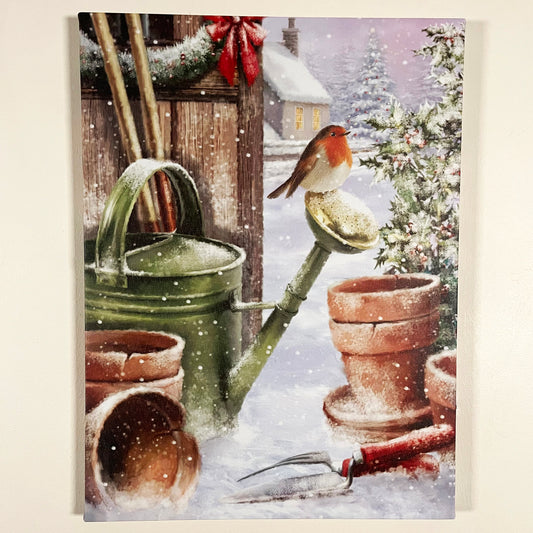 Snowy Robin On Watering Can LED Canvas Wall Art