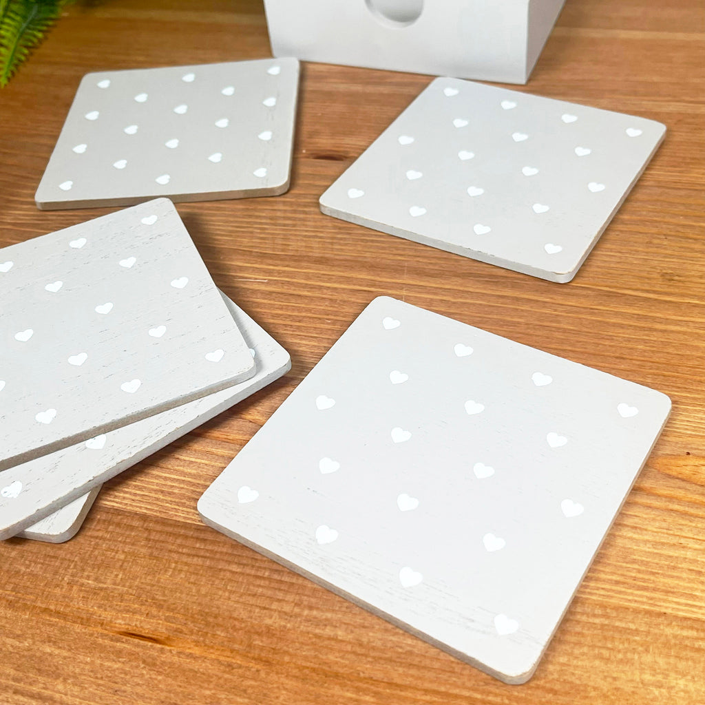 Set Of 6 Grey Love Heart Coasters With Storage Box