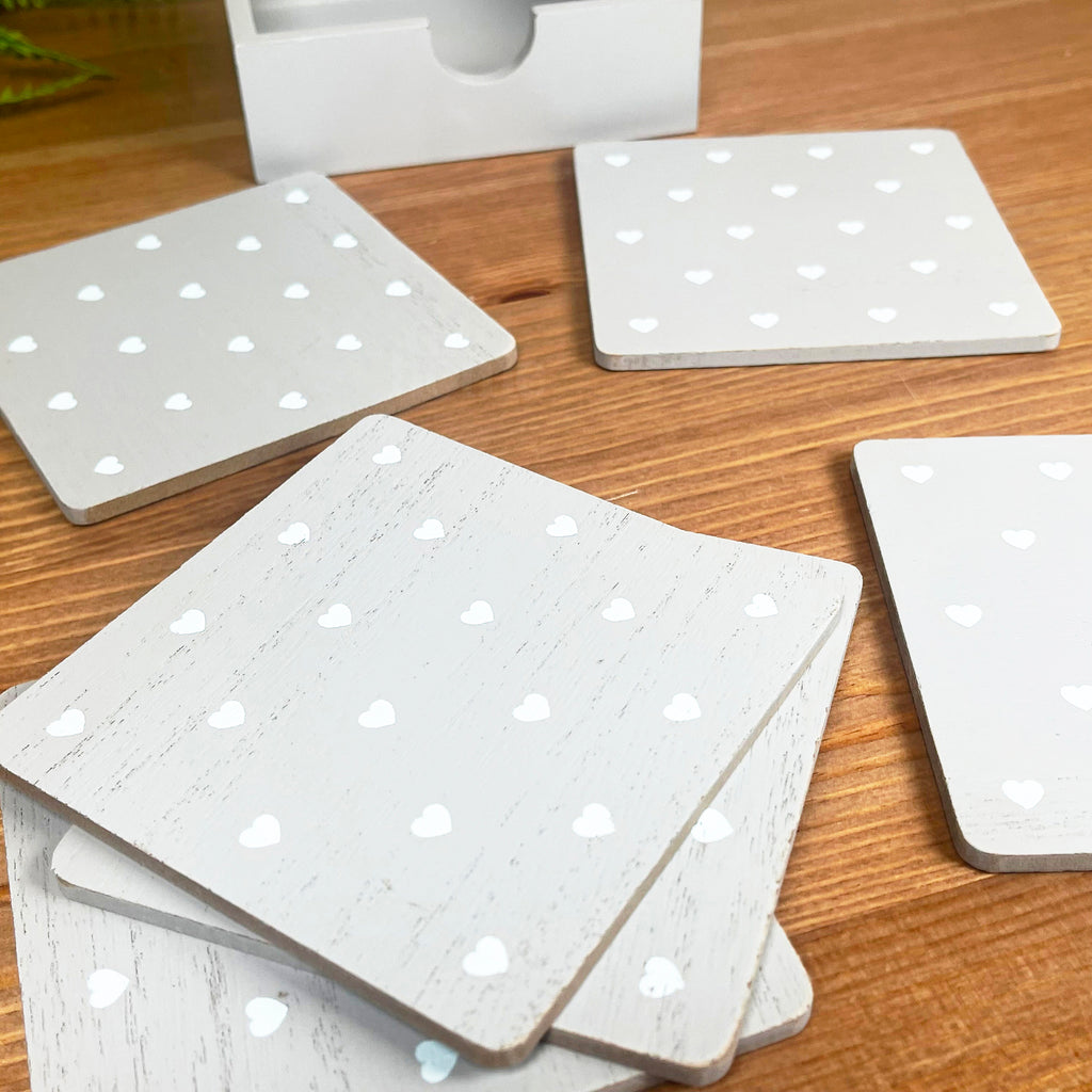 Set Of 6 Grey Love Heart Coasters With Storage Box