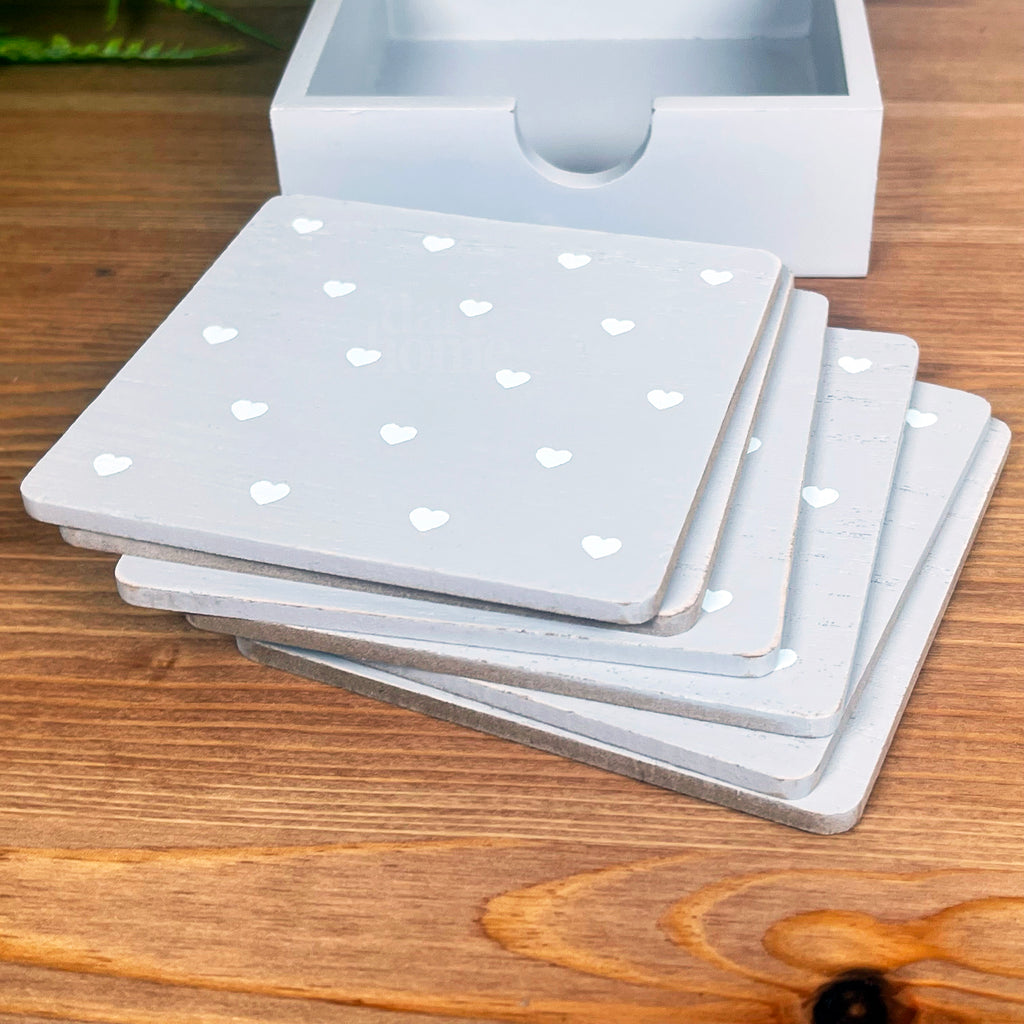 Set Of 6 Grey Love Heart Coasters With Storage Box
