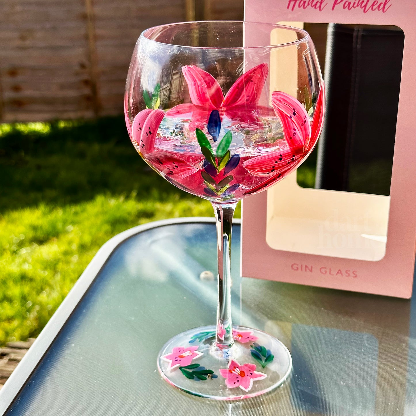 Hand Painted Pink Lily Balloon Gin Glass