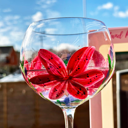 Hand Painted Pink Lily Balloon Gin Glass