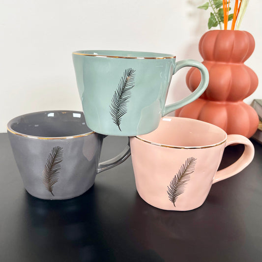 3pc Gold Feather Artisan Mug Set