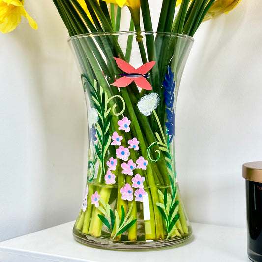 Hand Painted Glass Botanical Butterflies Vase