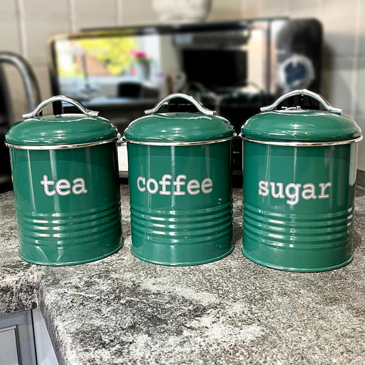 Grün geriffelte Tee-, Kaffee- und Zuckerdosen