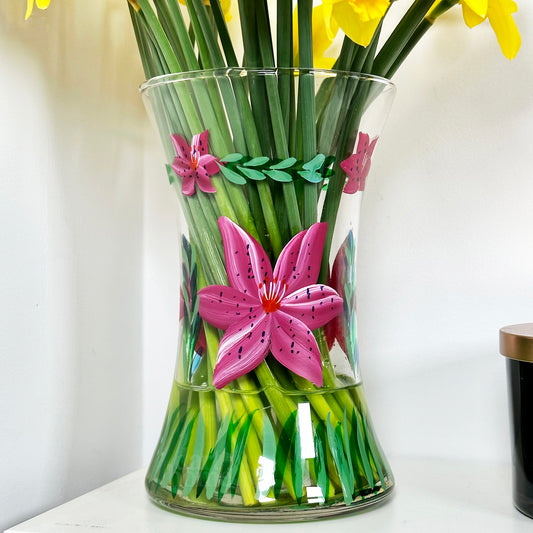 Hand Painted Glass Pink Lily Vase