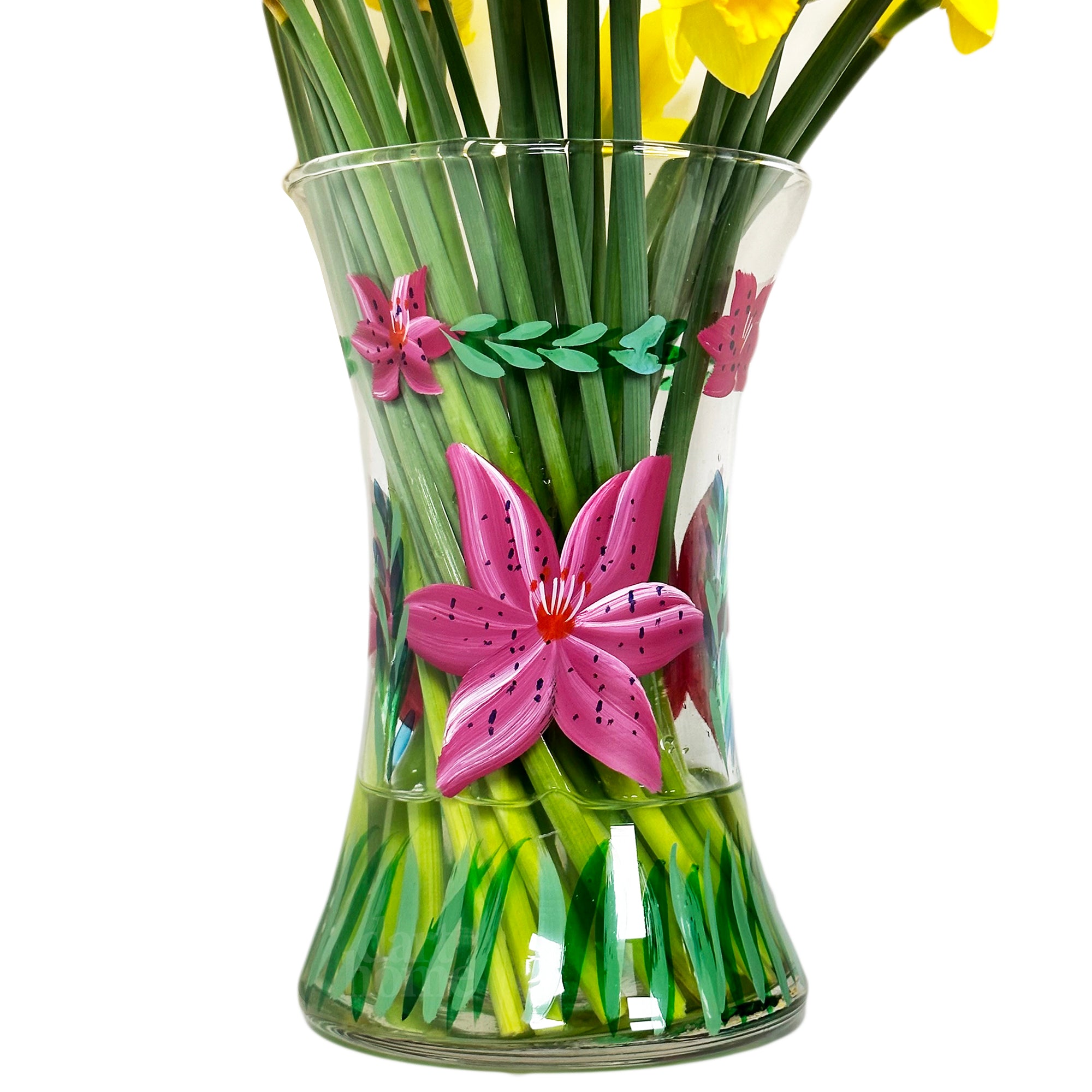 Handbemalte rosa Lilienvase aus Glas