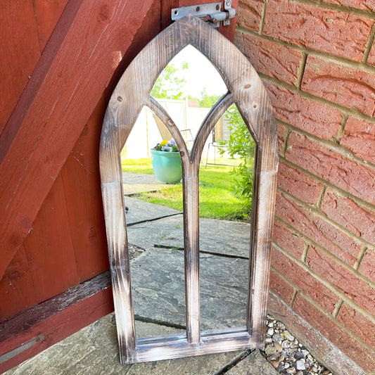 Wooden Gothic Arch Garden Wall Mirror 75cm