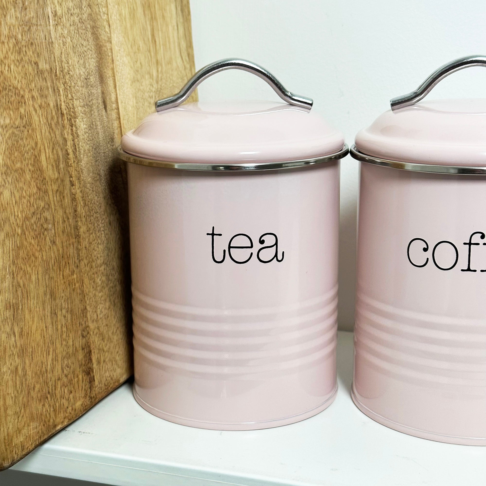 Pale pink tea coffee and store sugar canisters