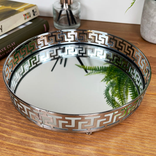 Greek Key Silver Round Mirrored Tray 21x21cm