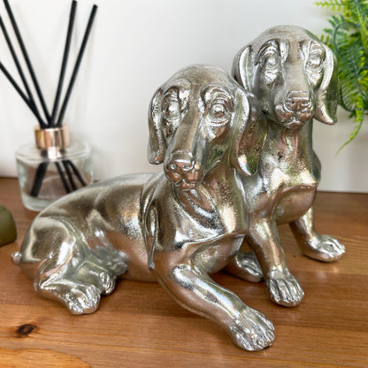 Chrome Silver Twin Dachshund Ornament