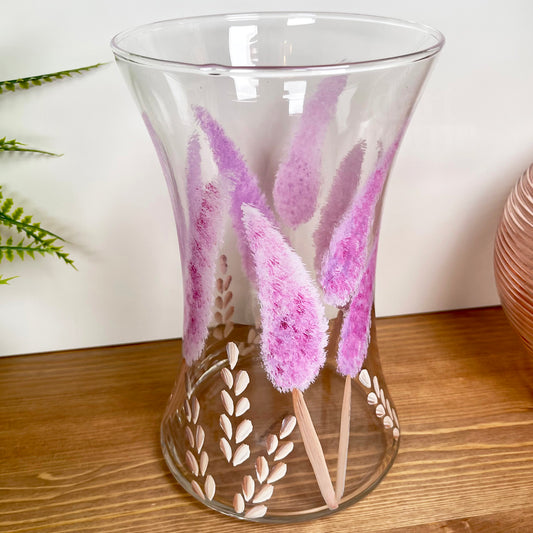 Handbemalte rosa Hasenschwanzvase aus Glas