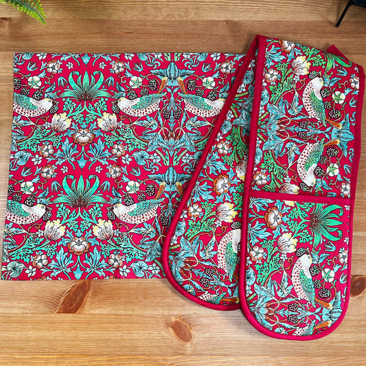 William Morris Strawberry Thief Tea Towel Oven Glove Set