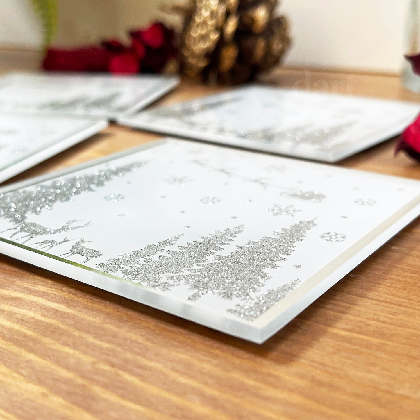 Silver Glitter Winter Wonderland Christmas Coasters Set