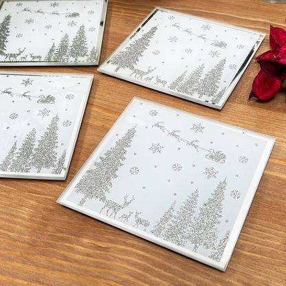 Silver Glitter Winter Wonderland Christmas Coasters Set