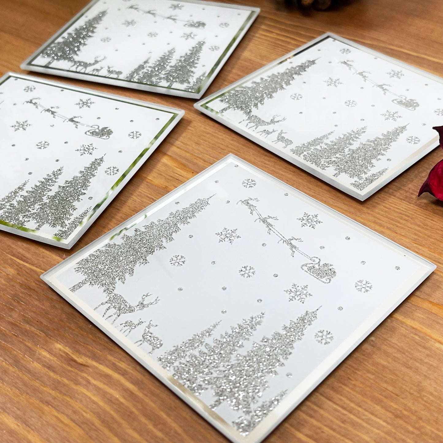 Silver Glitter Winter Wonderland Christmas Coasters Set