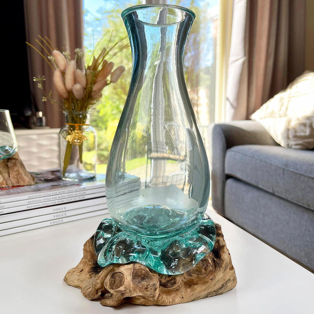 24cm Molten Glass Vase On Driftwood Stand