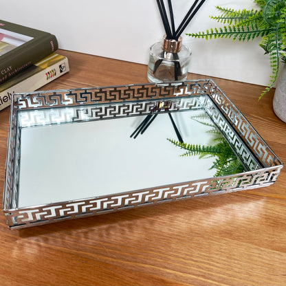Greek Key Silver Rectangle Mirrored Tray
