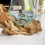 11cm Molten Glass Bowl With Teak Root Stand & Mushrooms