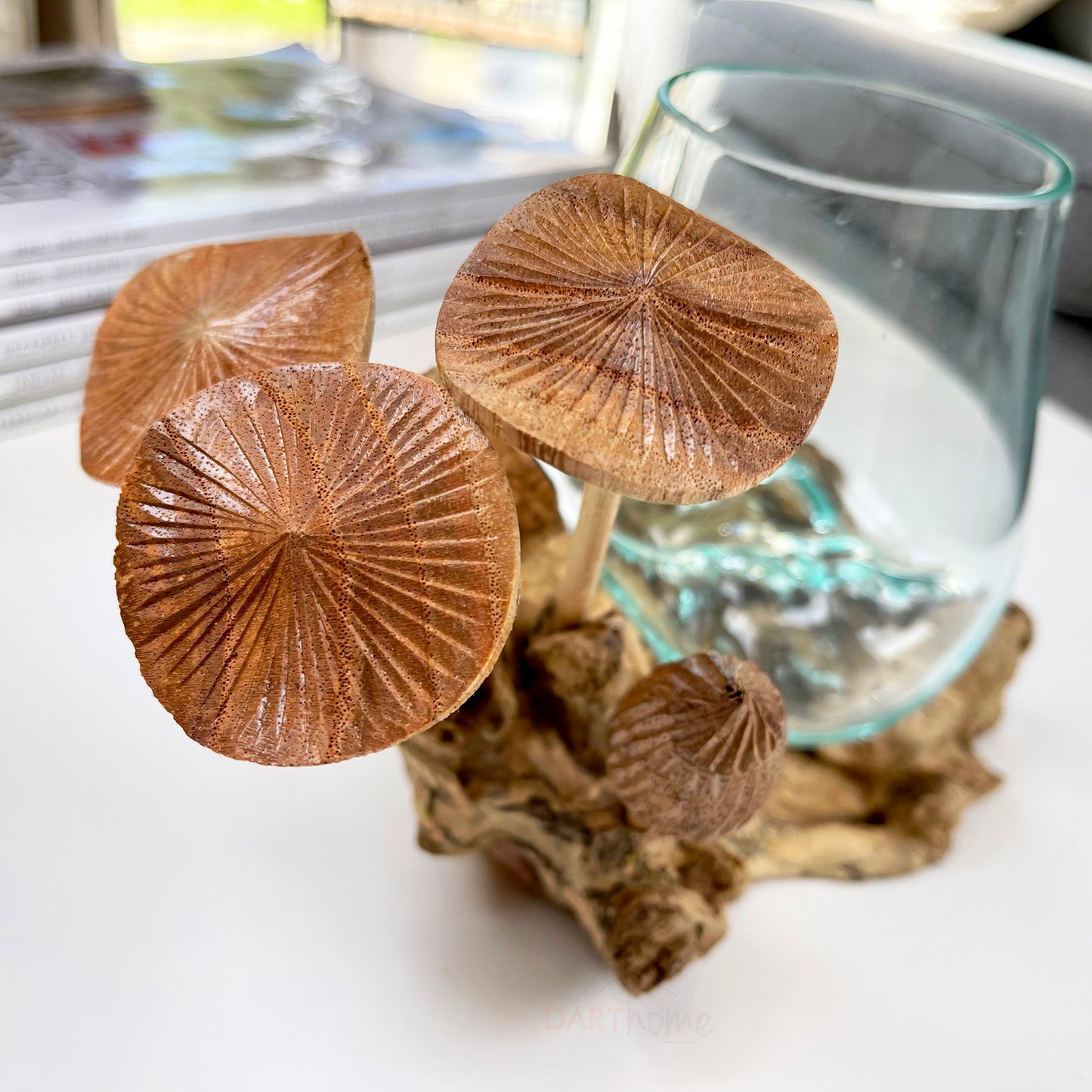 11cm Molten Glass Bowl With Teak Root Stand & Mushrooms
