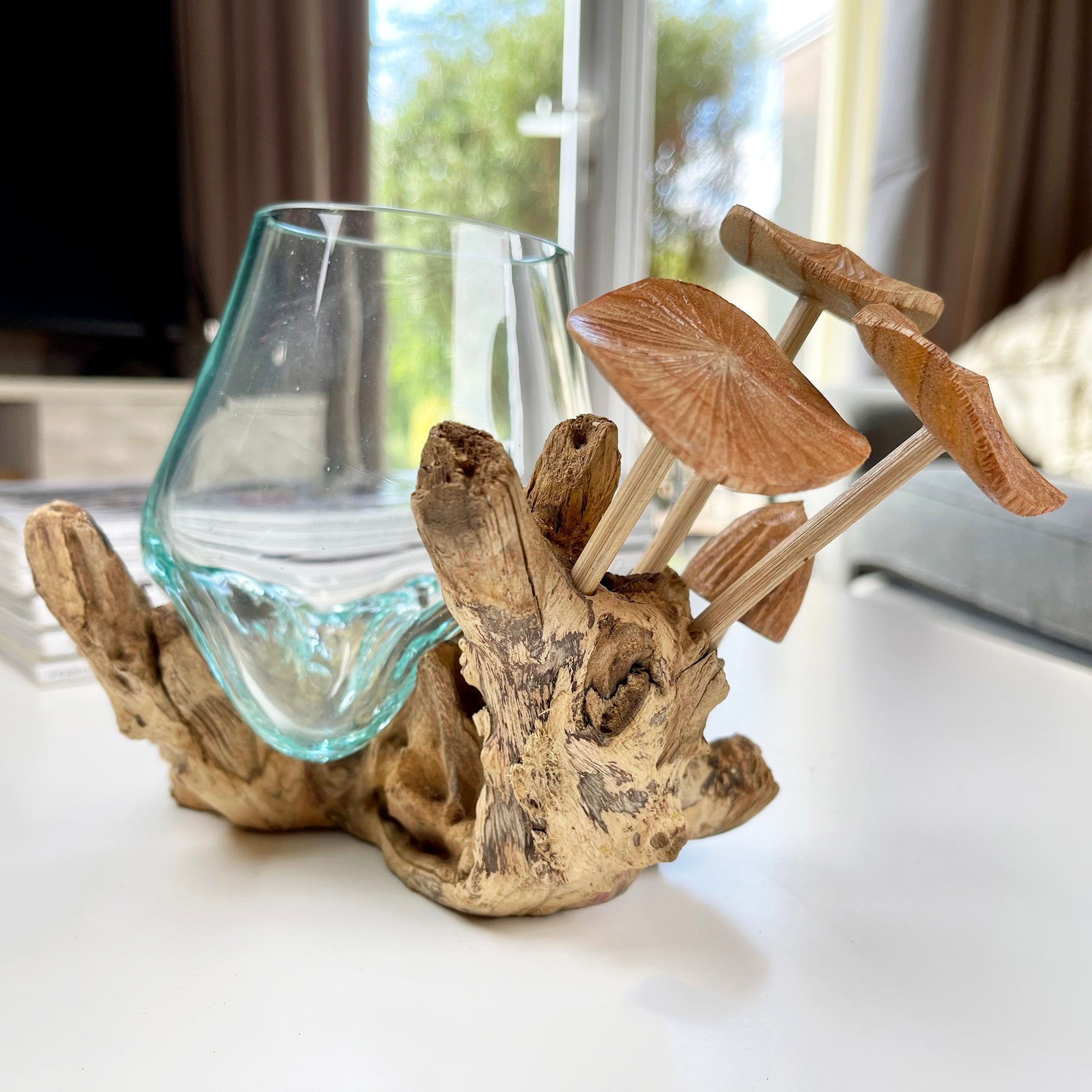 11cm Molten Glass Bowl With Teak Root Stand & Mushrooms