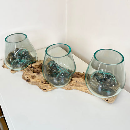 Dreifache geschmolzene Glasschale mit Baumwurzelständer