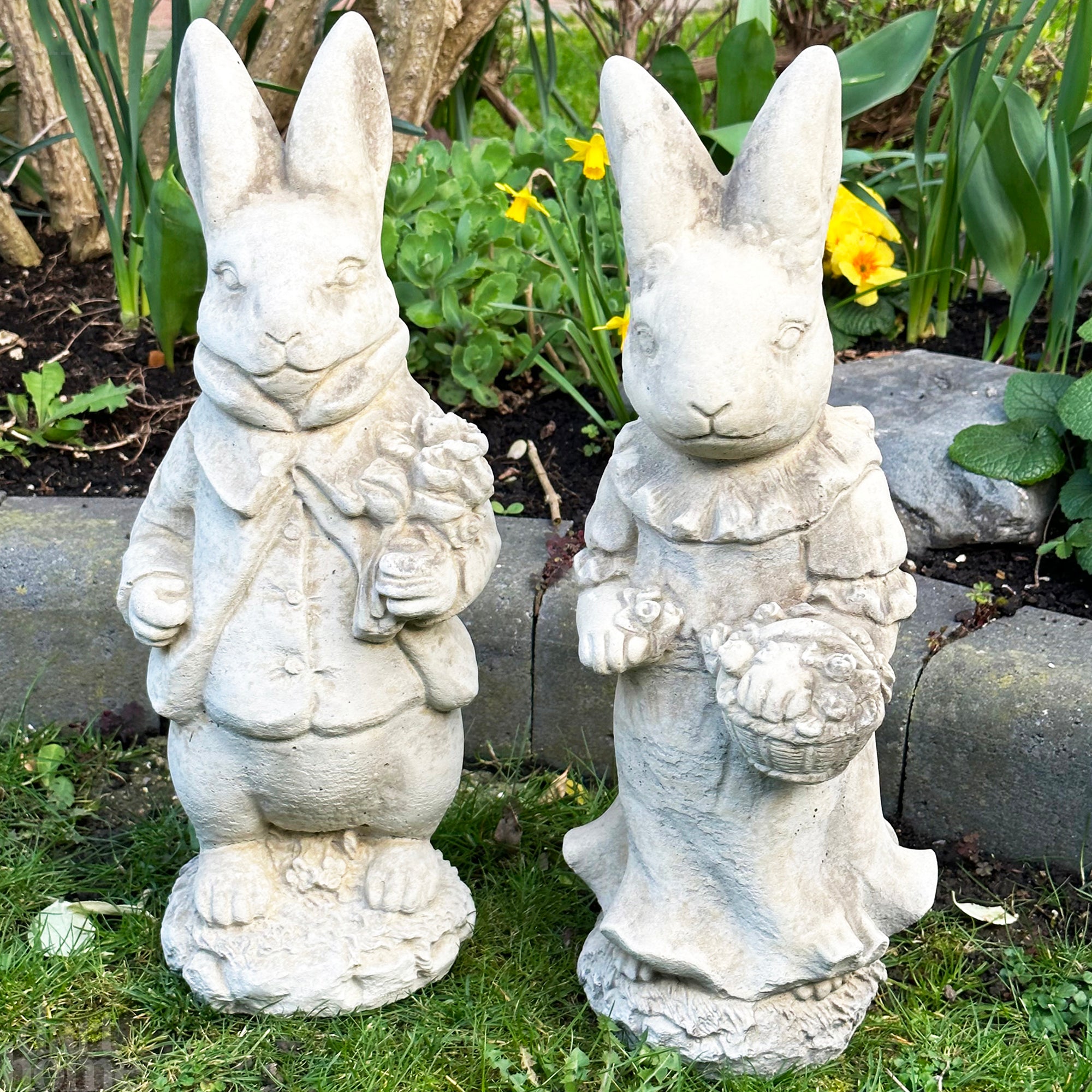 Stone Mr And Mrs Rabbit Garden Statues