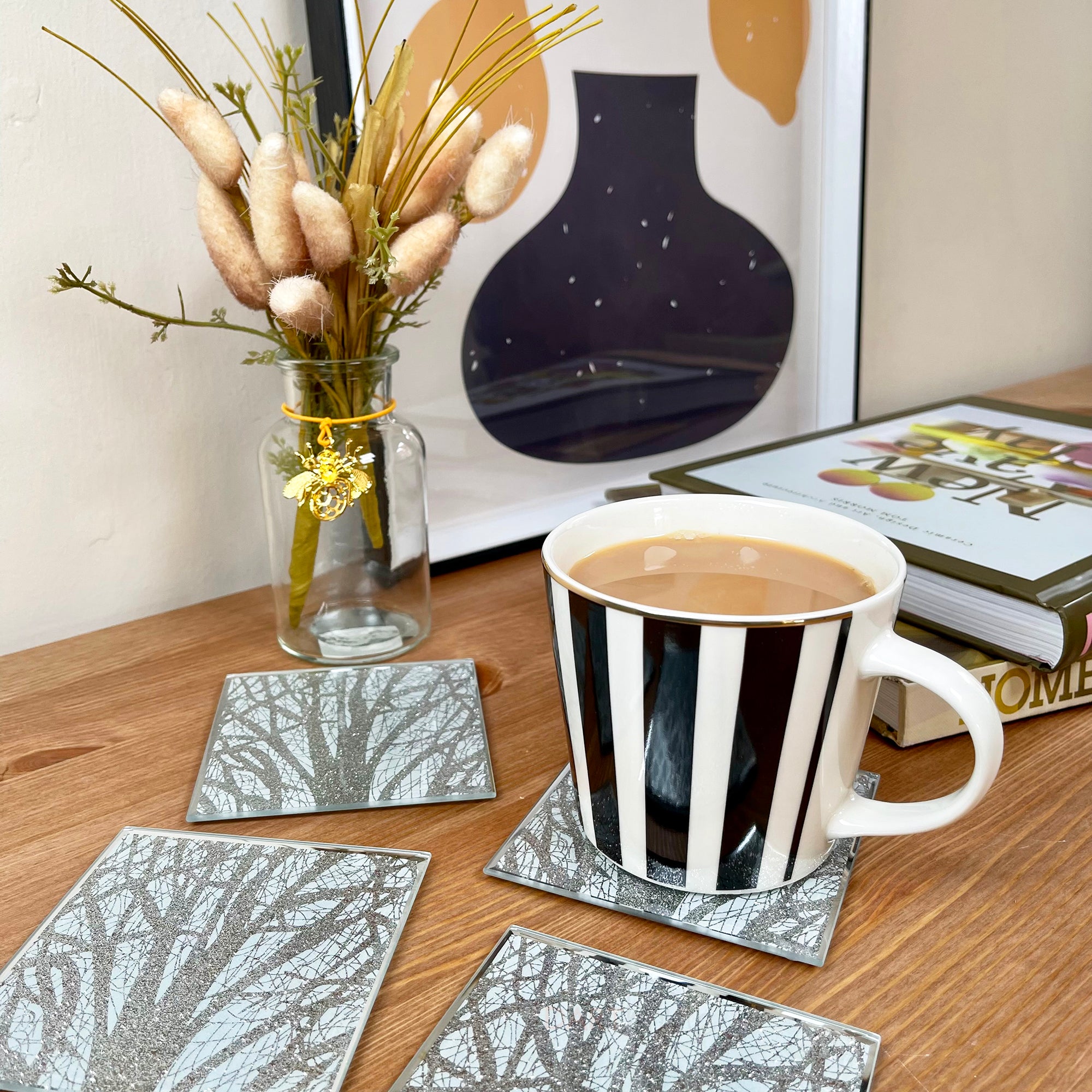 Set mit 4 silbernen glitzernden Woodland-Glasuntersetzern