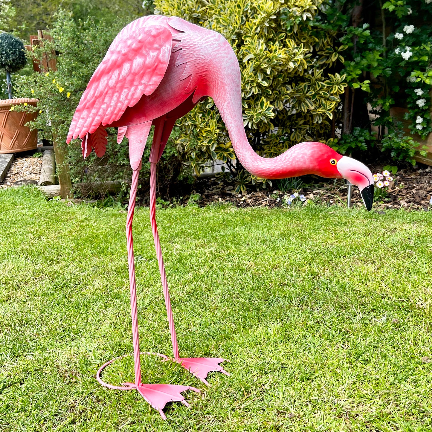 Metal Flamingo Garden Ornament - Head Down