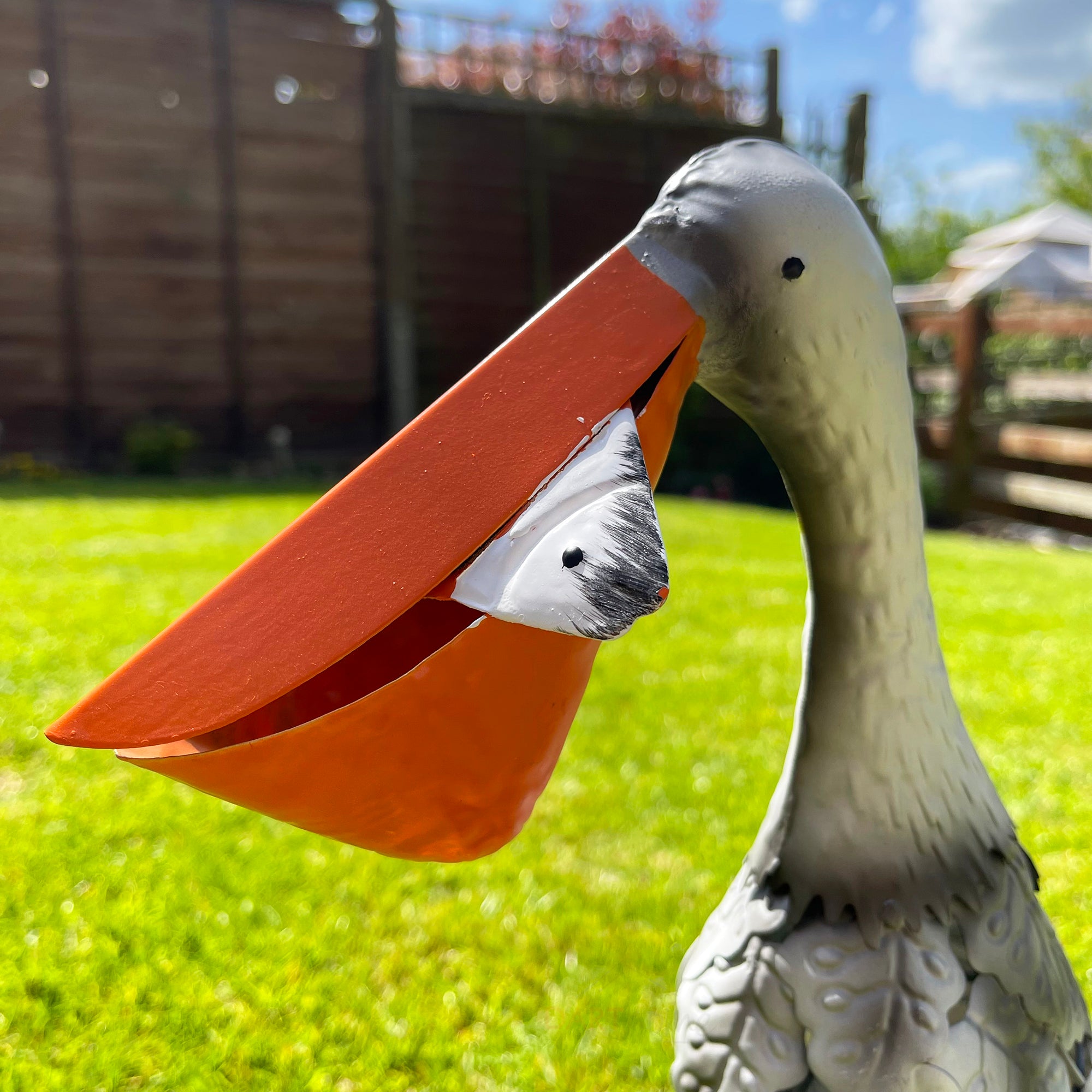 Metal Pelican With Fish Garden Ornament