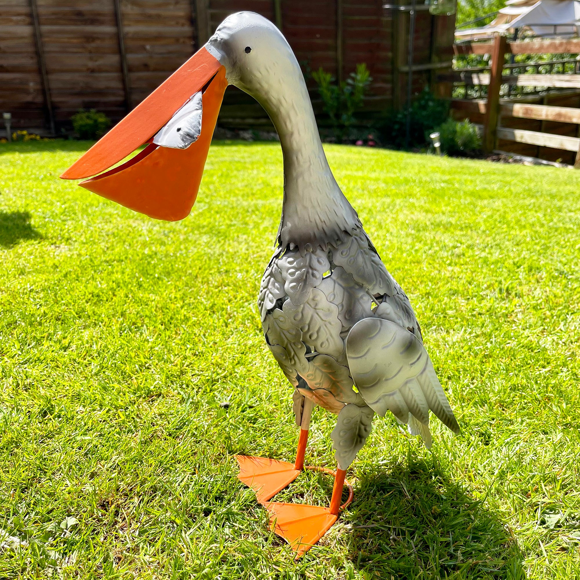 Metal Pelican With Fish Garden Ornament