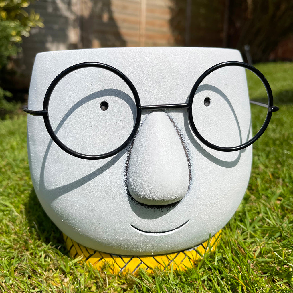 Cement Face Planter With Glasses , Drainage Hole