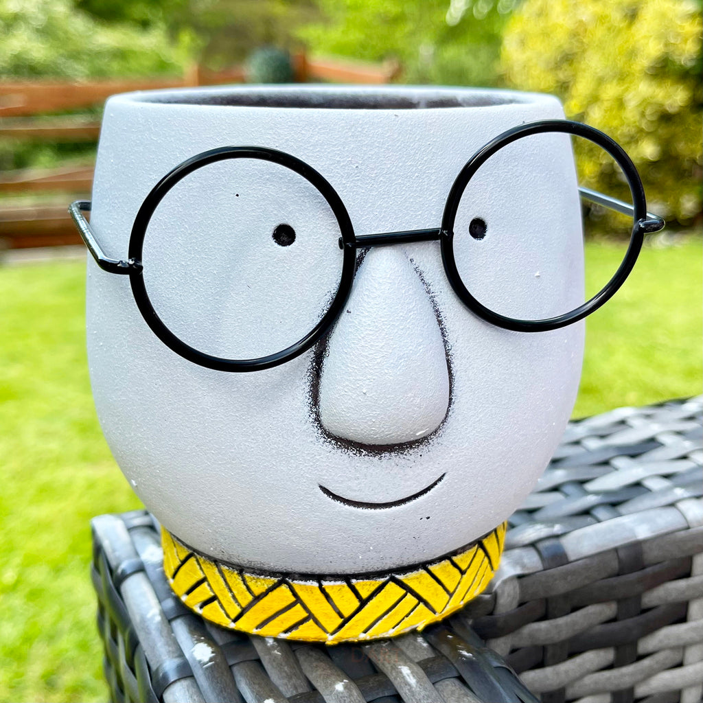 Cement Face Planter With Glasses , Drainage Hole