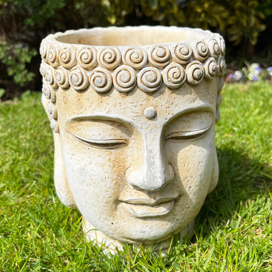 Buddha-Kopf-Pflanzgefäß aus Zement – ​​Weiß
