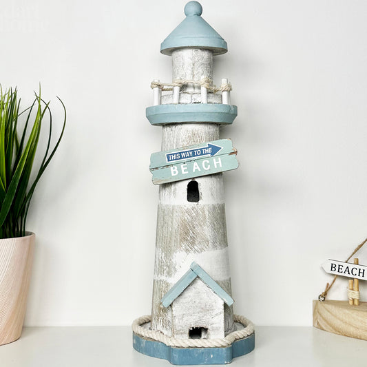 Pale Blue Wooden Lighthouse Ornament