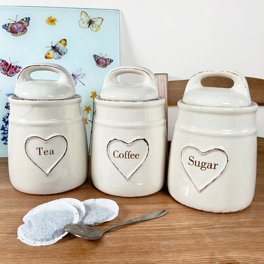 Love Heart Ceramic Tea Coffee Sugar Canisters Set