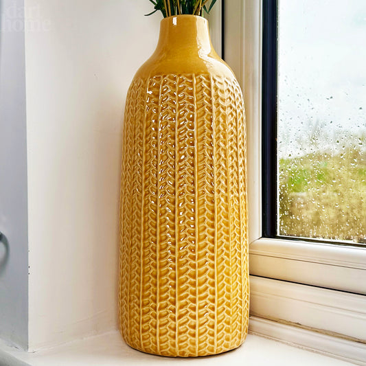 Senffarbene Chevron-Flaschenvase aus Keramik