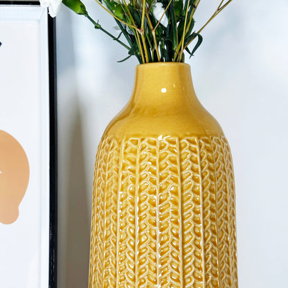 Mustard Chevron Ceramic Bottle Vase