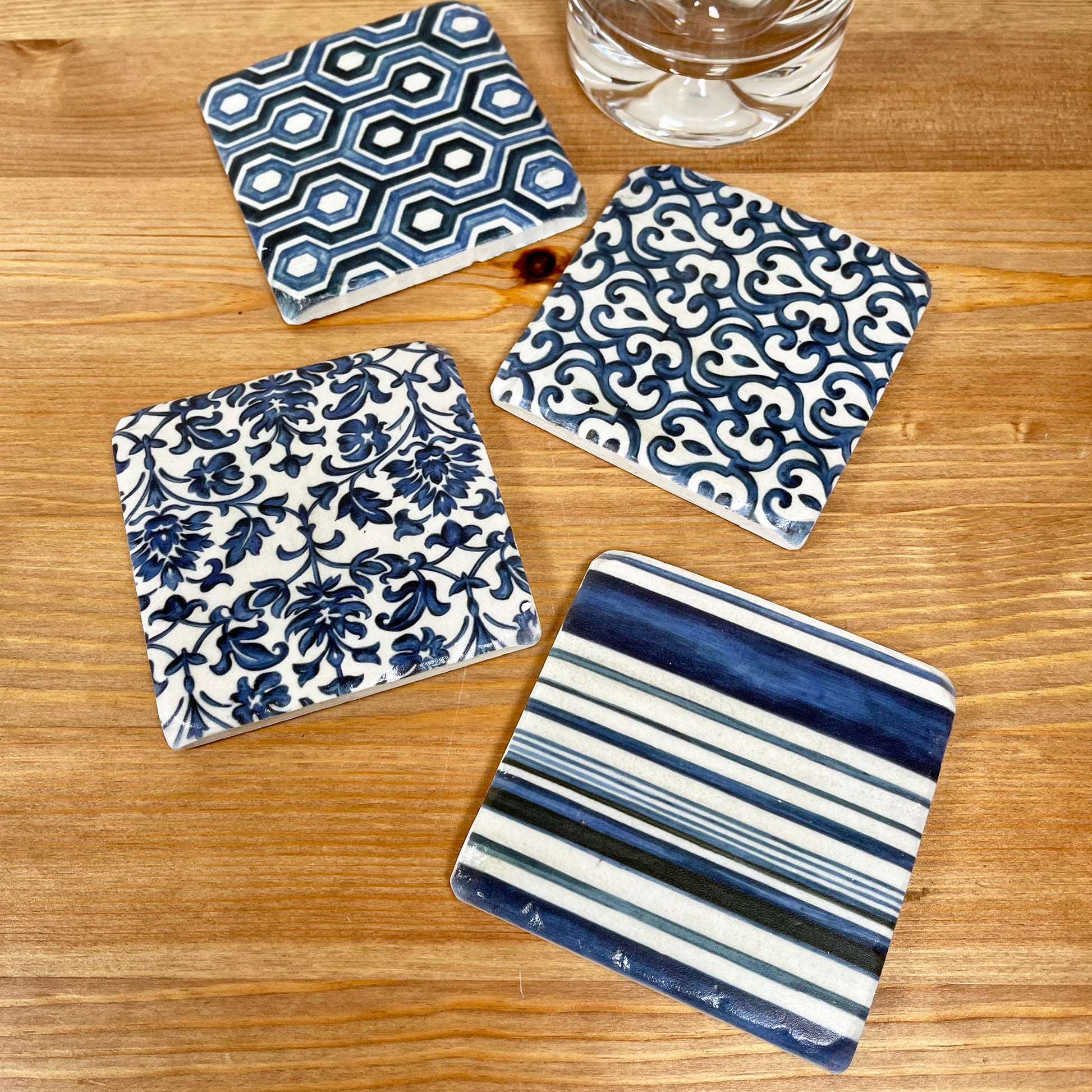 Blue Pattern Coasters Set Of 4 Ceramic Square Mediterranean Assorted Drinks Mat