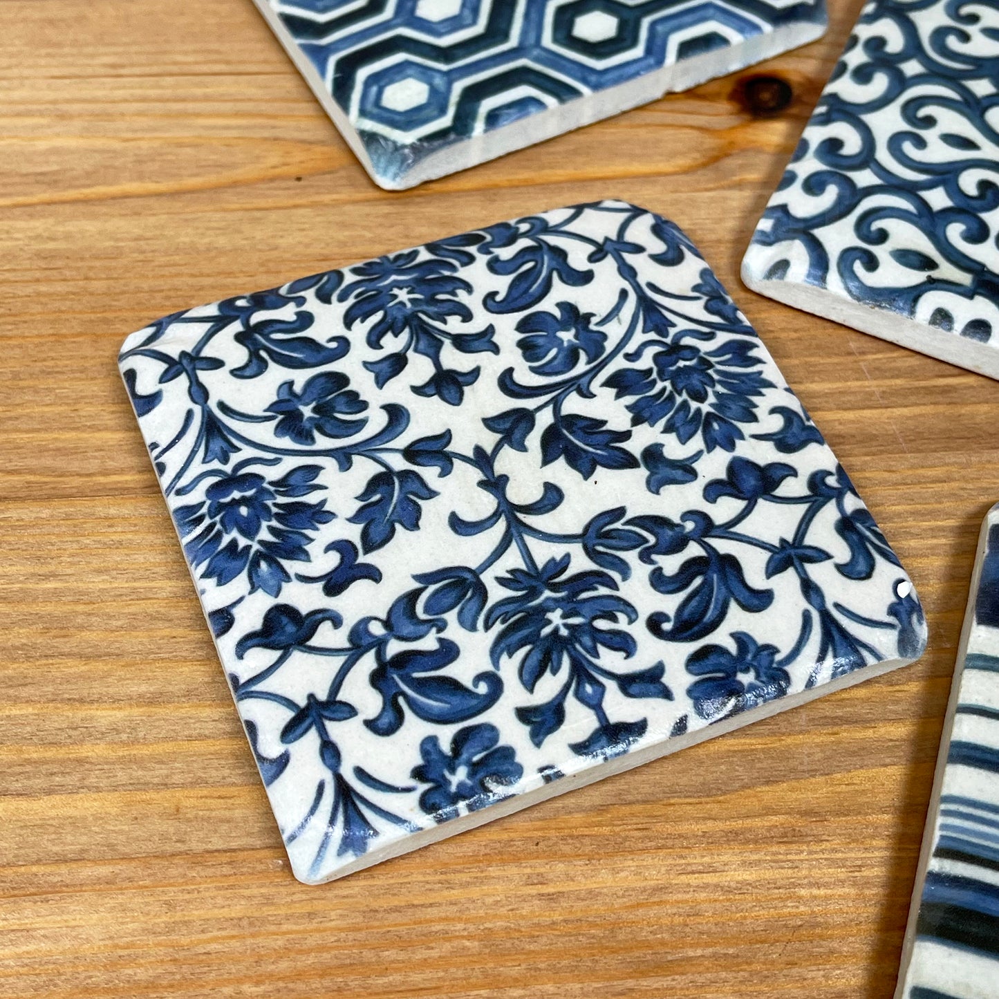 Blue Patterned Ceramic Coaster Set Of 4