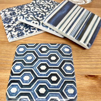 Blue Patterned Ceramic Coaster Set Of 4